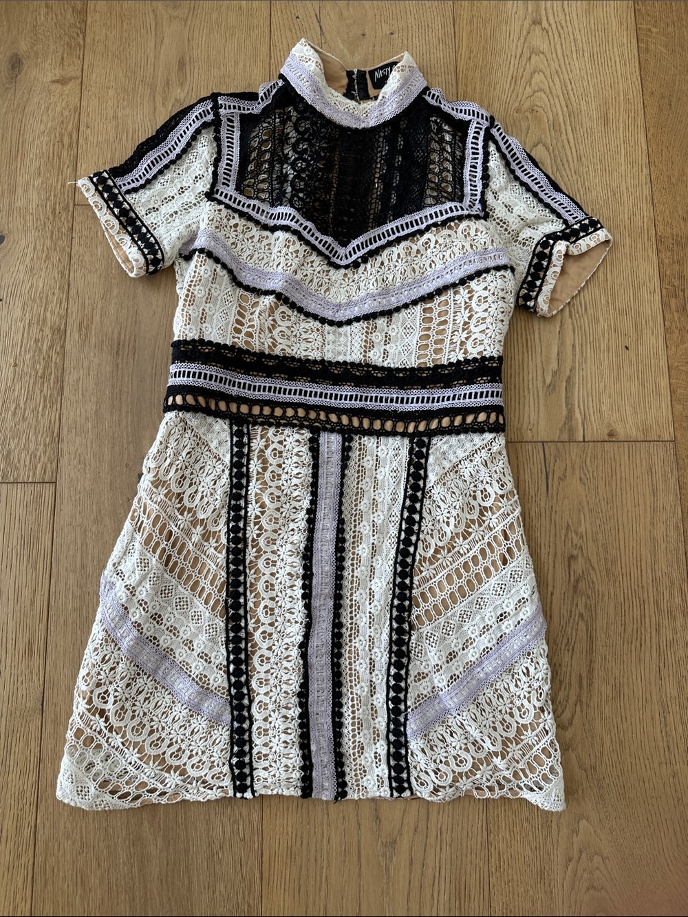Nasty Gal Black, White & Lavender Lace High-Neck Mini Dress Large womens
